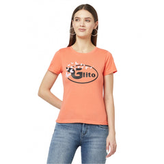 Women's Cotton Blend Printed Regular Sleeves Round Neck Regular Top (Orange) - GillKart