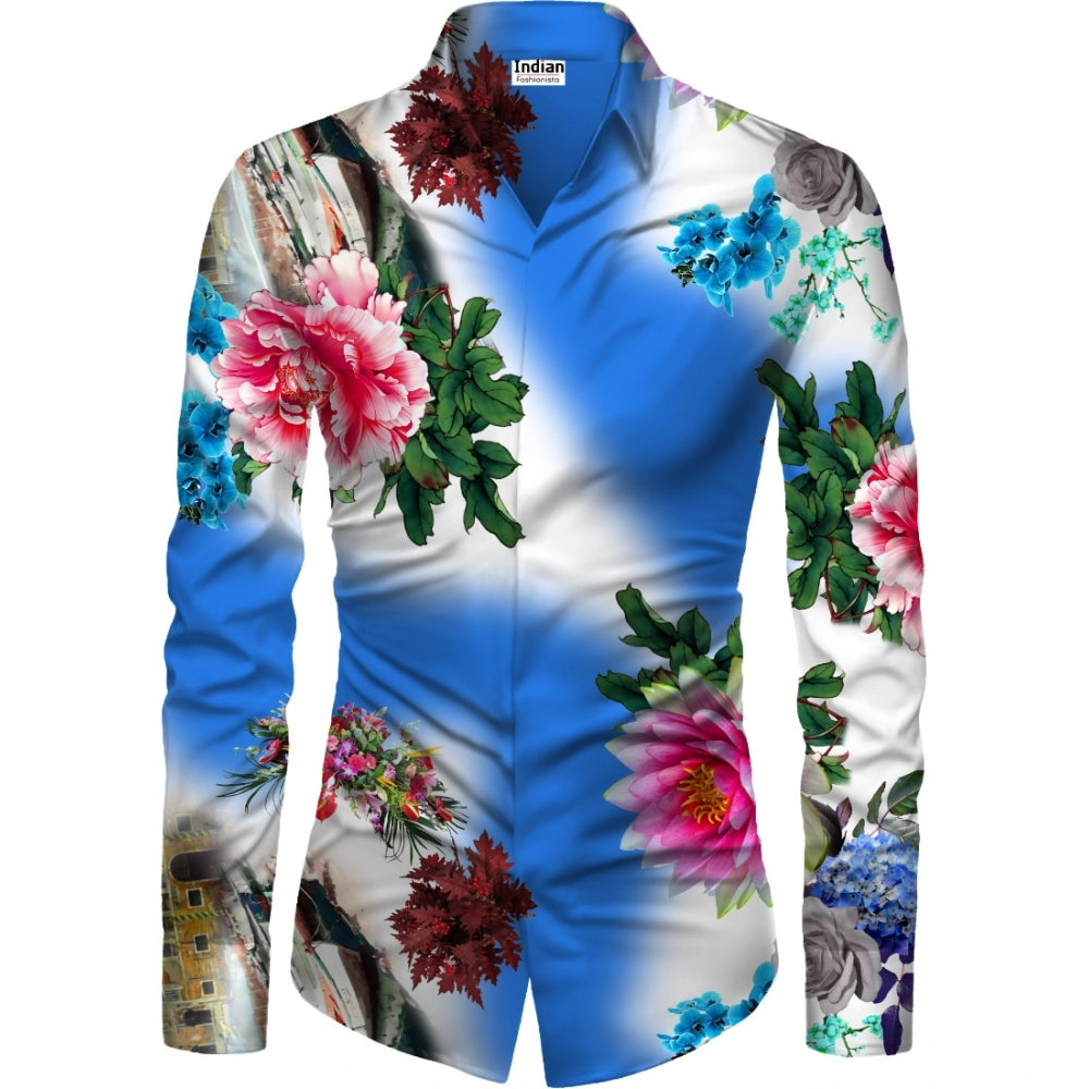 Men's Casual Floral Printed Cotton Blend Unstitched Shirt Fabric 1.6 Mtrs (Blue)