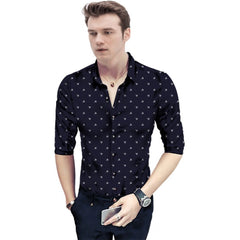 Men's Casual Floral Printed Cotton Blend Unstitched Shirt Fabric 1.6 Mtrs (Dark Blue)