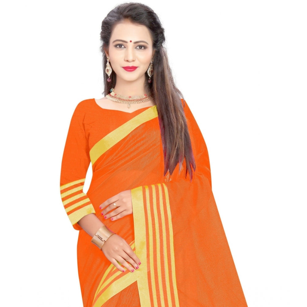 Women's Jacquard Striped Saree With Unstitched Blouse 5.5Mtr (Orange) - GillKart