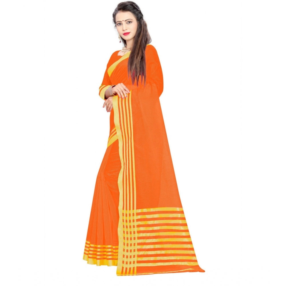 Women's Jacquard Striped Saree With Unstitched Blouse 5.5Mtr (Orange) - GillKart