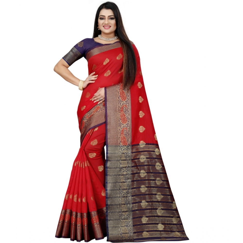 Women's Silk Blend Woven Saree With Unstitched Blouse 5.5Mtr (Purple-Red) - GillKart