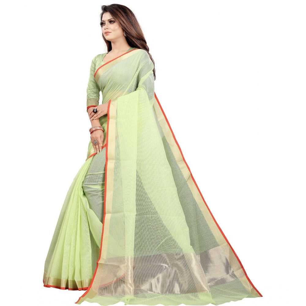 Women's Cotton Silk Checkered Saree With Unstitched Blouse 5.5Mtr (Green) - GillKart