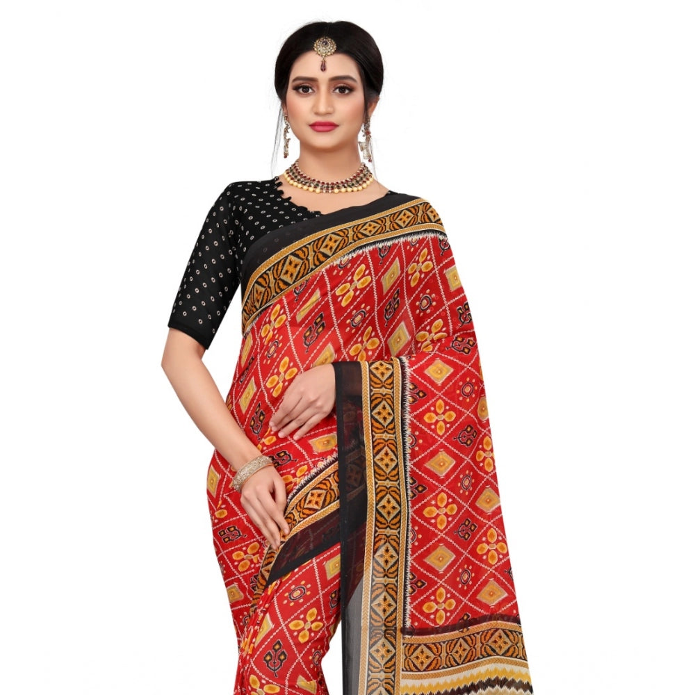 Women's Georgette Floral Print Saree With Unstitched Blouse 5.5Mtr (Red) - GillKart