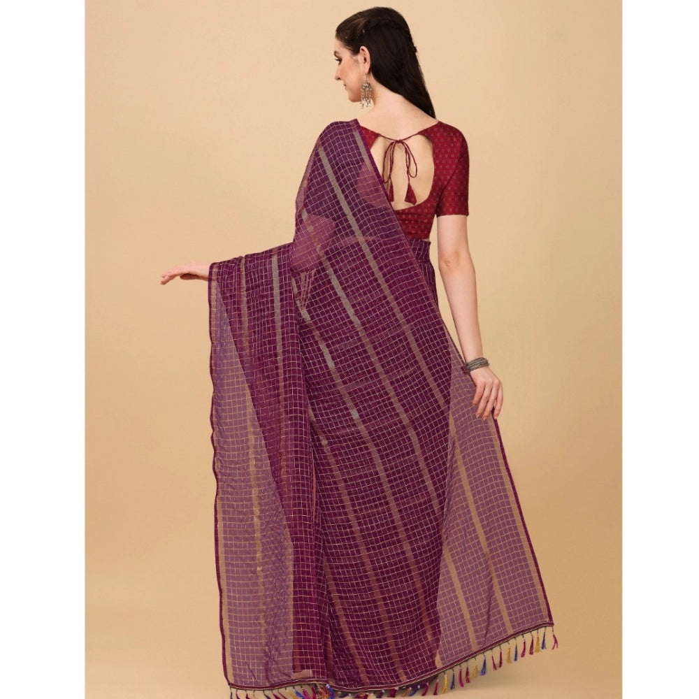 Women's Silk Blend Checkered Saree With Unstitched Blouse 5.5Mtr (Maroon) - GillKart