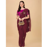 Women's Silk Blend Embroidered Saree With Unstitched Blouse 5.5Mtr (Brown) - GillKart