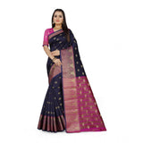 Women's Jacquard Woven Saree With Unstitched Blouse 5.5Mtr (Dark Blue) - GillKart