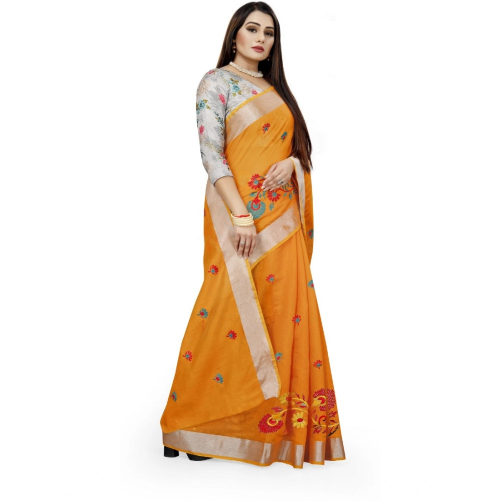 Women's Cotton Silk Embroidered Saree With Unstitched Blouse 5.5Mtr (Yellow) - GillKart