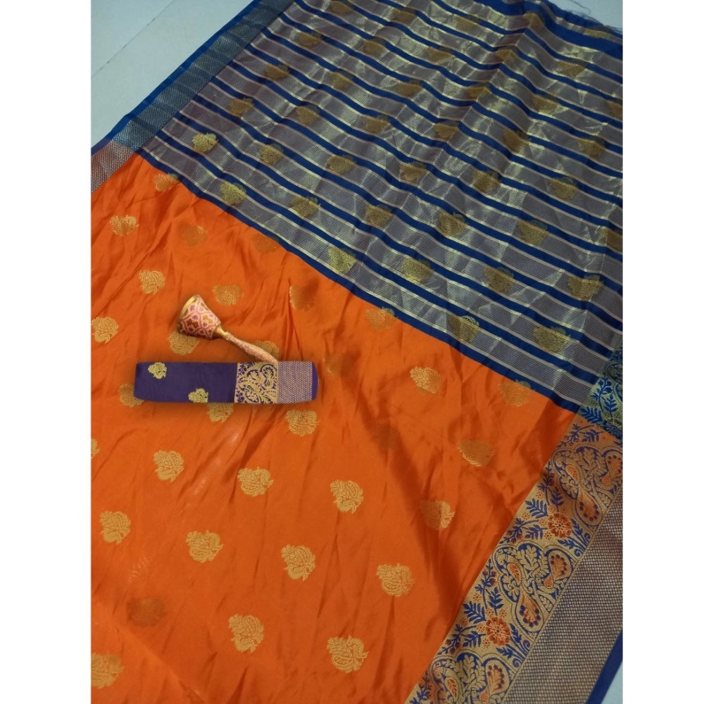 Women's Silk Blend Woven Saree With Unstitched Blouse 5.5Mtr (Orange) - GillKart