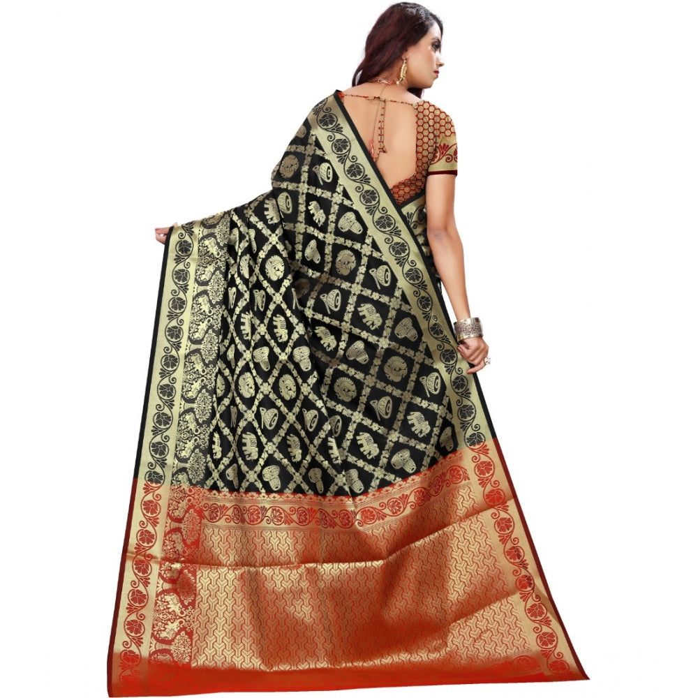 Women's Jacquard Woven Saree With Unstitched Blouse 5.5Mtr (Black) - GillKart