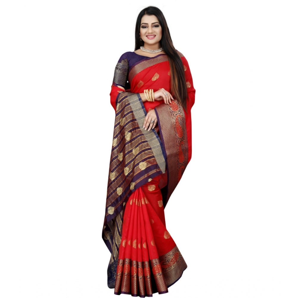 Women's Silk Blend Woven Saree With Unstitched Blouse 5.5Mtr (Purple-Red) - GillKart