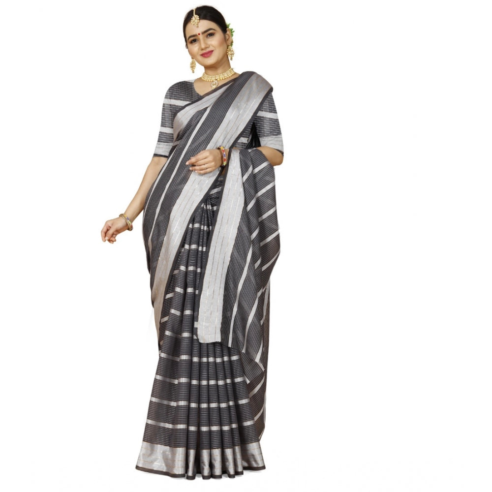 Women's Cotton Silk Striped Saree With Unstitched Blouse 5.5Mtr (Grey) - GillKart