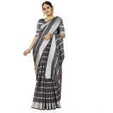 Women's Cotton Silk Striped Saree With Unstitched Blouse 5.5Mtr (Grey) - GillKart