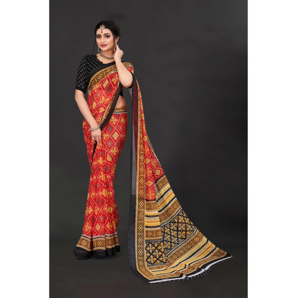 Women's Georgette Floral Print Saree With Unstitched Blouse 5.5Mtr (Red) - GillKart