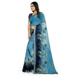 Women's Georgette Floral Print Saree With Unstitched Blouse 5.5Mtr (Light Blue) - GillKart