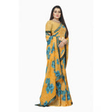 Women's Georgette Floral Print Saree With Unstitched Blouse 5.5Mtr (Blue-Orange) - GillKart