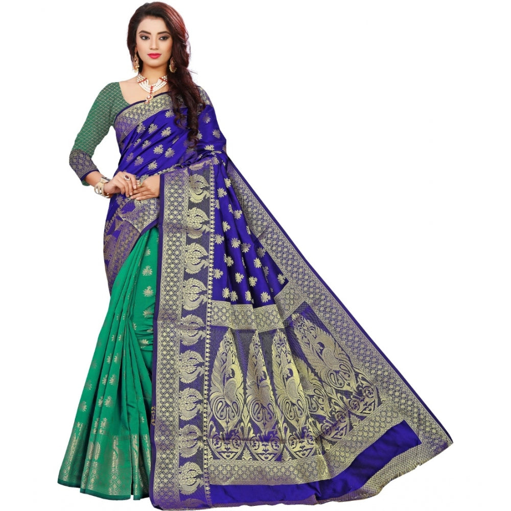 Women's Jacquard Woven Saree With Unstitched Blouse 5.5Mtr (Blue) - GillKart