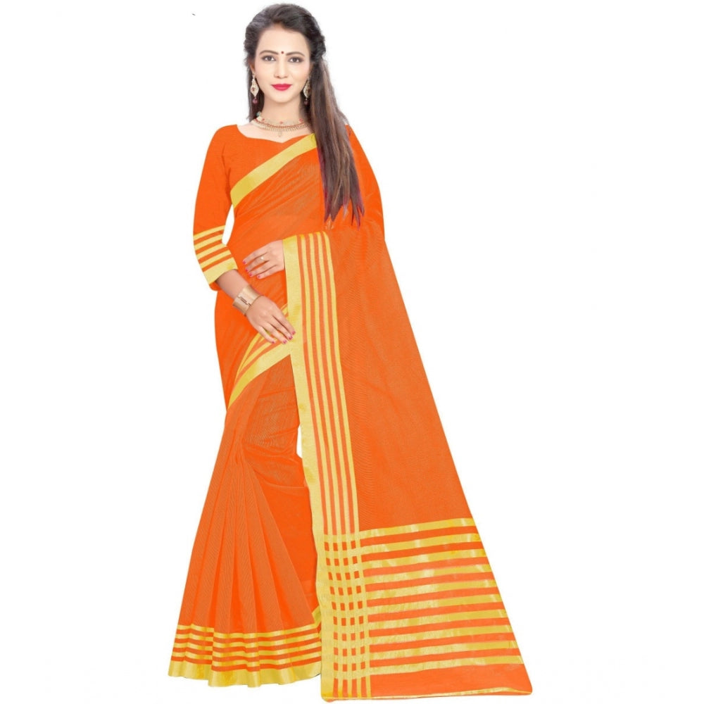 Women's Jacquard Striped Saree With Unstitched Blouse 5.5Mtr (Orange) - GillKart