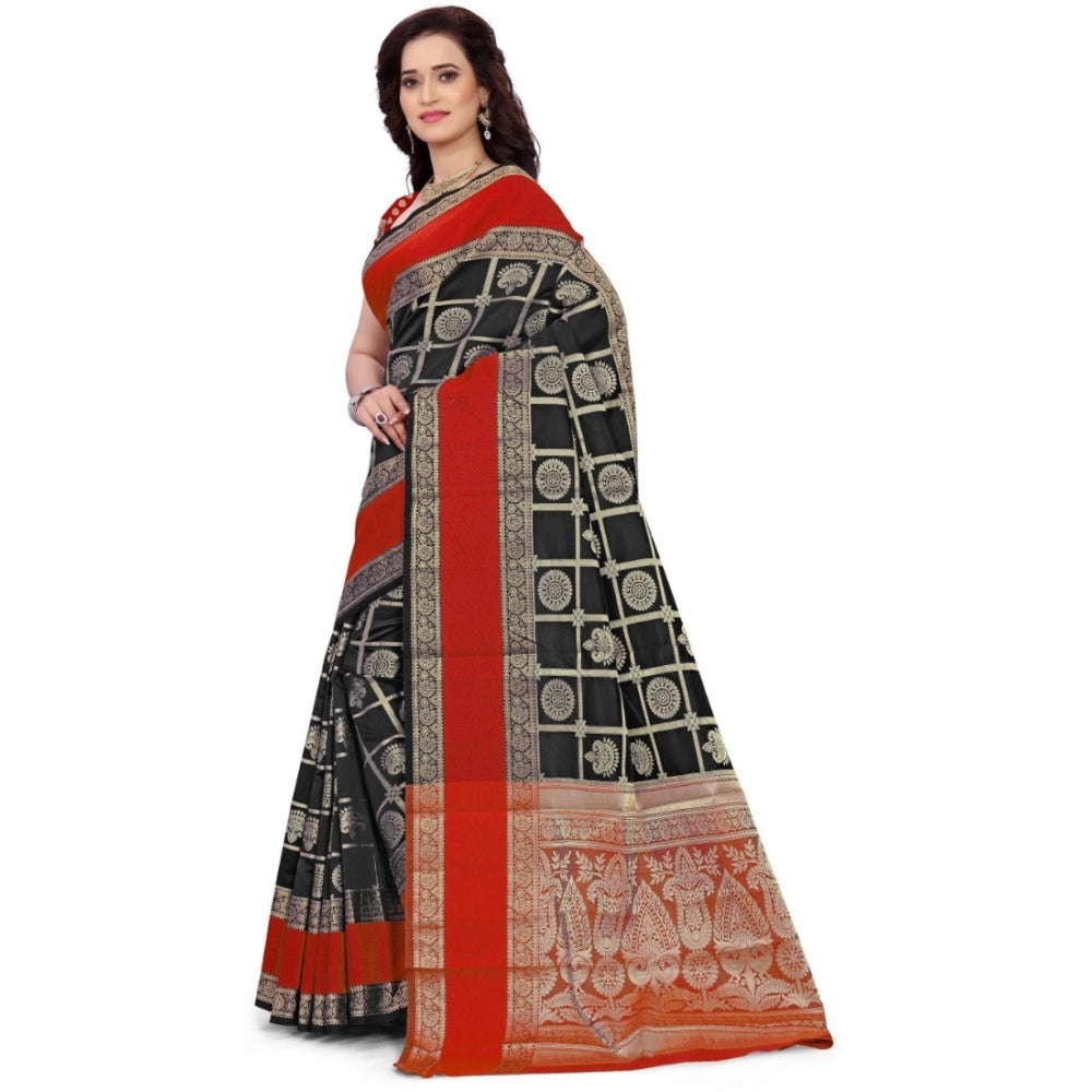 Women's Jacquard Woven Saree With Unstitched Blouse 5.5Mtr (Red-Black) - GillKart