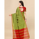 Women's Cotton Silk Checkered Saree With Unstitched Blouse 5.5Mtr (Green) - GillKart