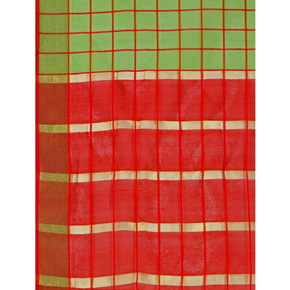 Women's Cotton Silk Checkered Saree With Unstitched Blouse 5.5Mtr (Green) - GillKart