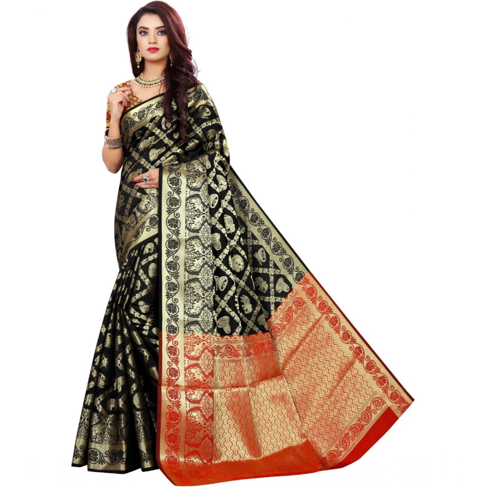 Women's Jacquard Woven Saree With Unstitched Blouse 5.5Mtr (Black) - GillKart