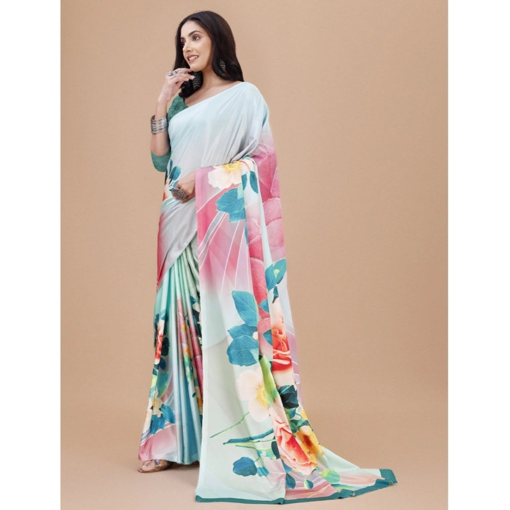 Women's Crepe Digital Print Saree With Unstitched Blouse 5.5Mtr (Light Blue) - GillKart