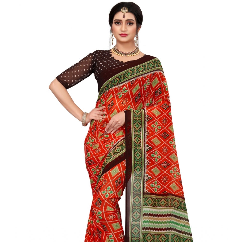 Women's Georgette Floral Print Saree With Unstitched Blouse 5.5Mtr (Red) - GillKart