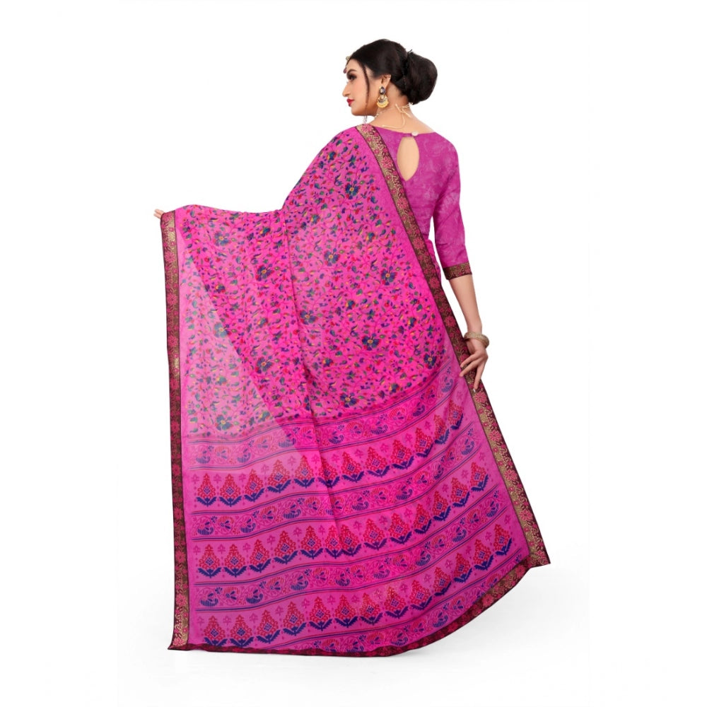 Women's Georgette Floral Print Saree With Unstitched Blouse 5.5Mtr (Pink) - GillKart