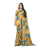 Women's Georgette Floral Print Saree With Unstitched Blouse 5.5Mtr (Blue-Orange) - GillKart