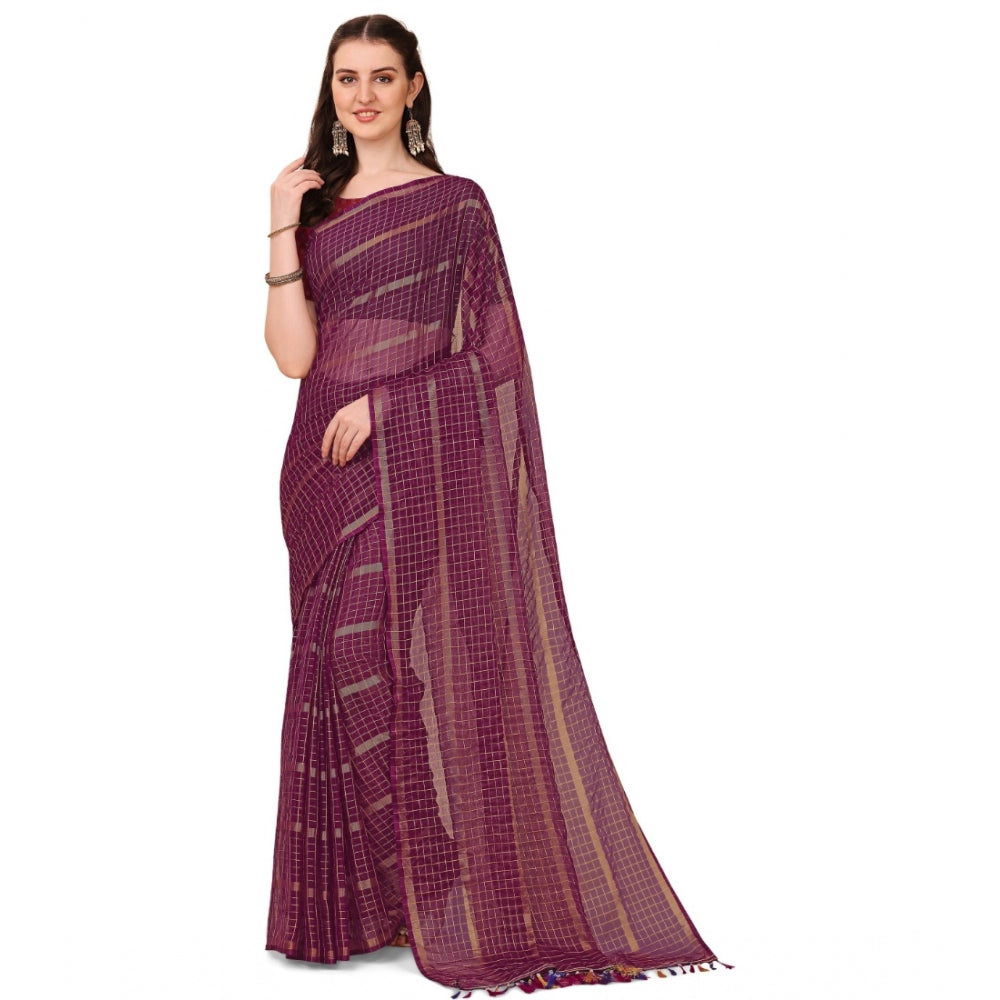 Women's Silk Blend Checkered Saree With Unstitched Blouse 5.5Mtr (Maroon) - GillKart