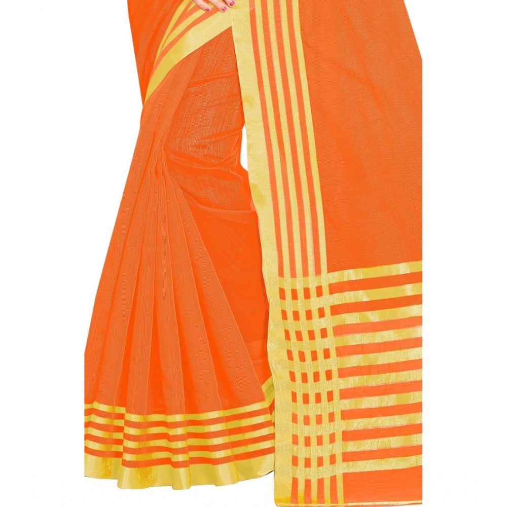 Women's Jacquard Striped Saree With Unstitched Blouse 5.5Mtr (Orange) - GillKart