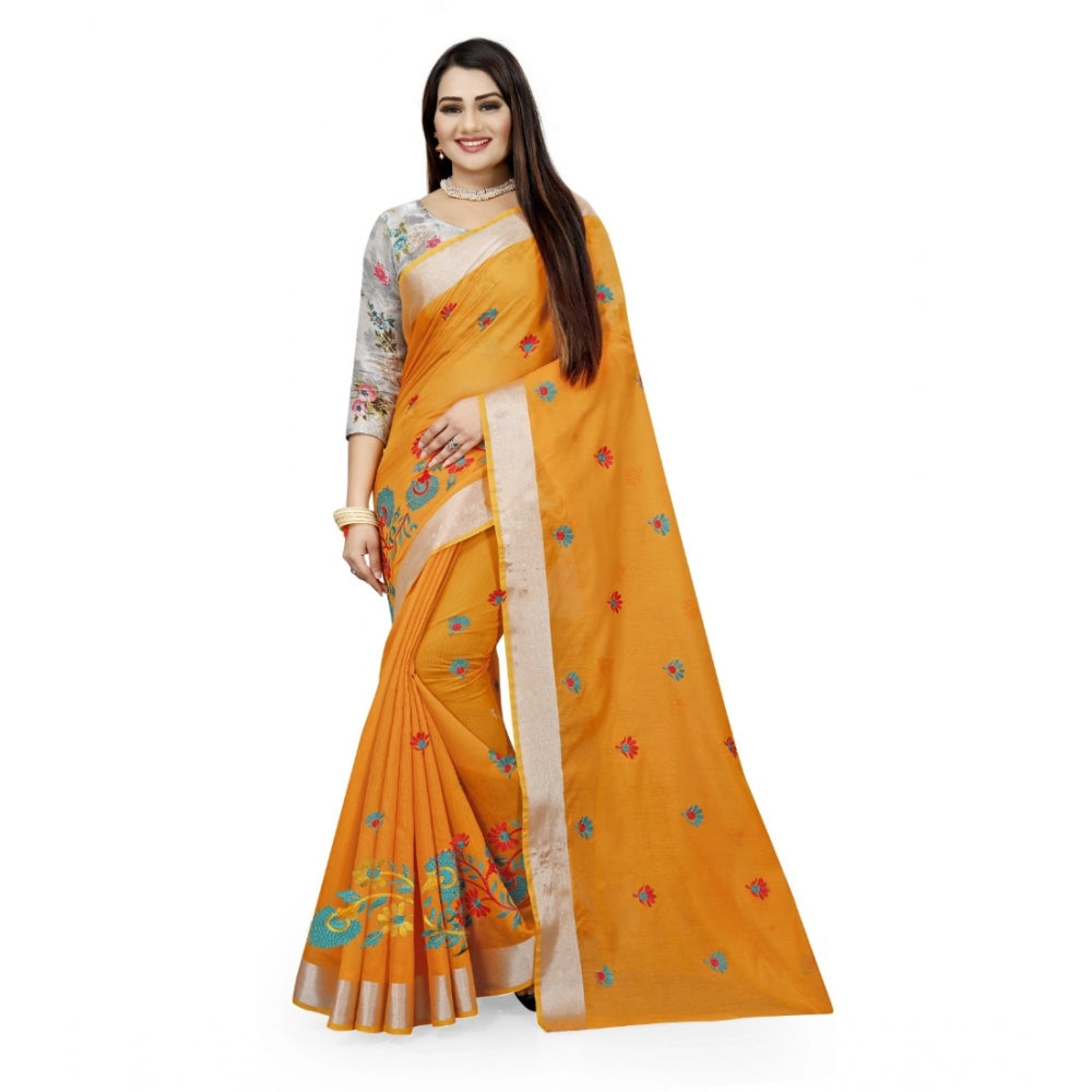 Women's Cotton Silk Embroidered Saree With Unstitched Blouse 5.5Mtr (Yellow) - GillKart