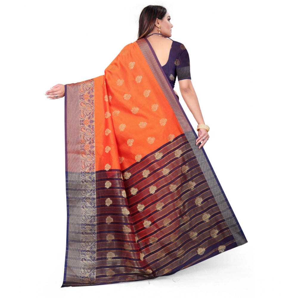 Women's Silk Blend Woven Saree With Unstitched Blouse 5.5Mtr (Orange) - GillKart