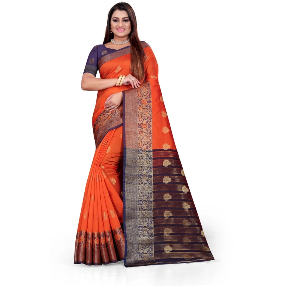 Women's Silk Blend Woven Saree With Unstitched Blouse 5.5Mtr (Orange) - GillKart