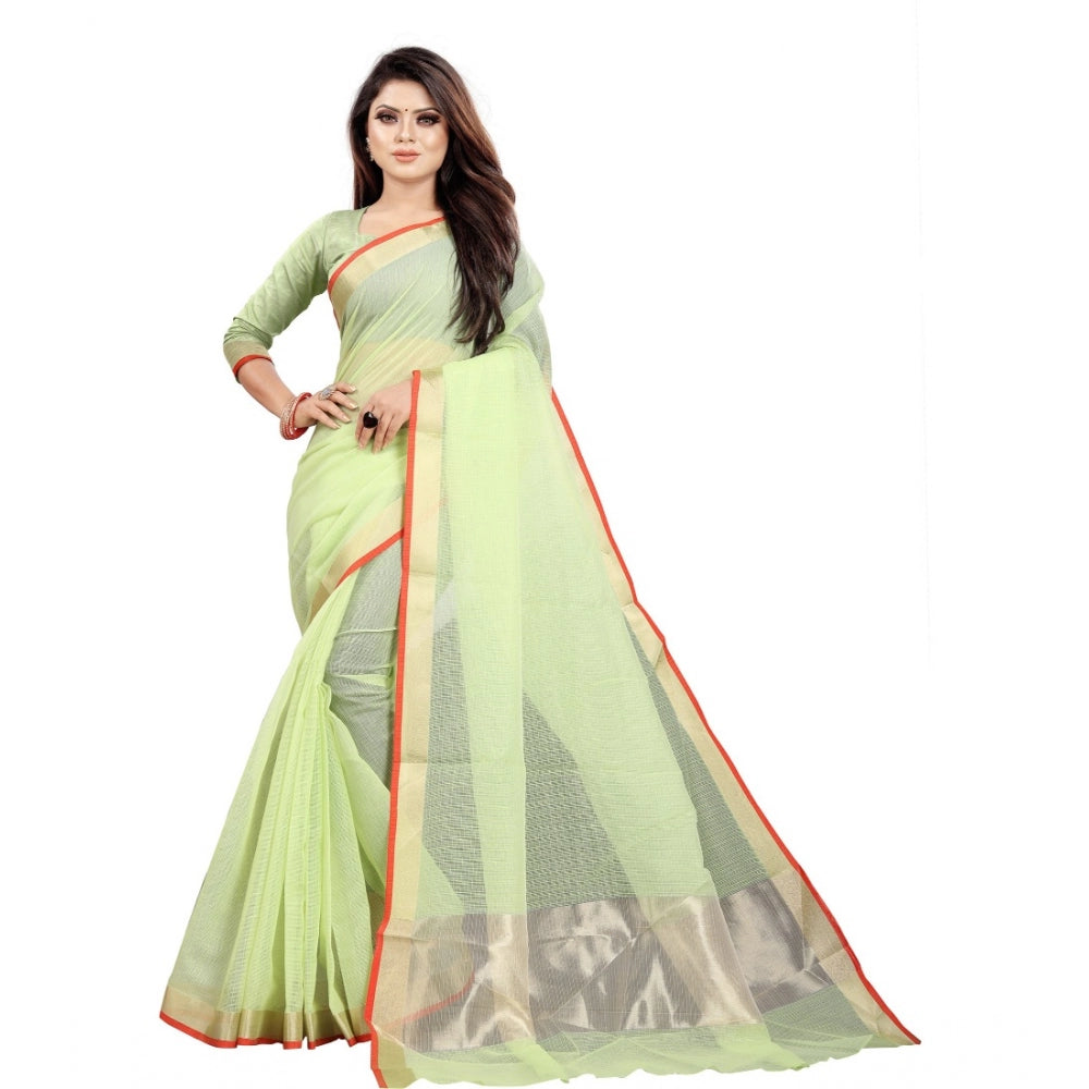 Women's Cotton Silk Checkered Saree With Unstitched Blouse 5.5Mtr (Green) - GillKart