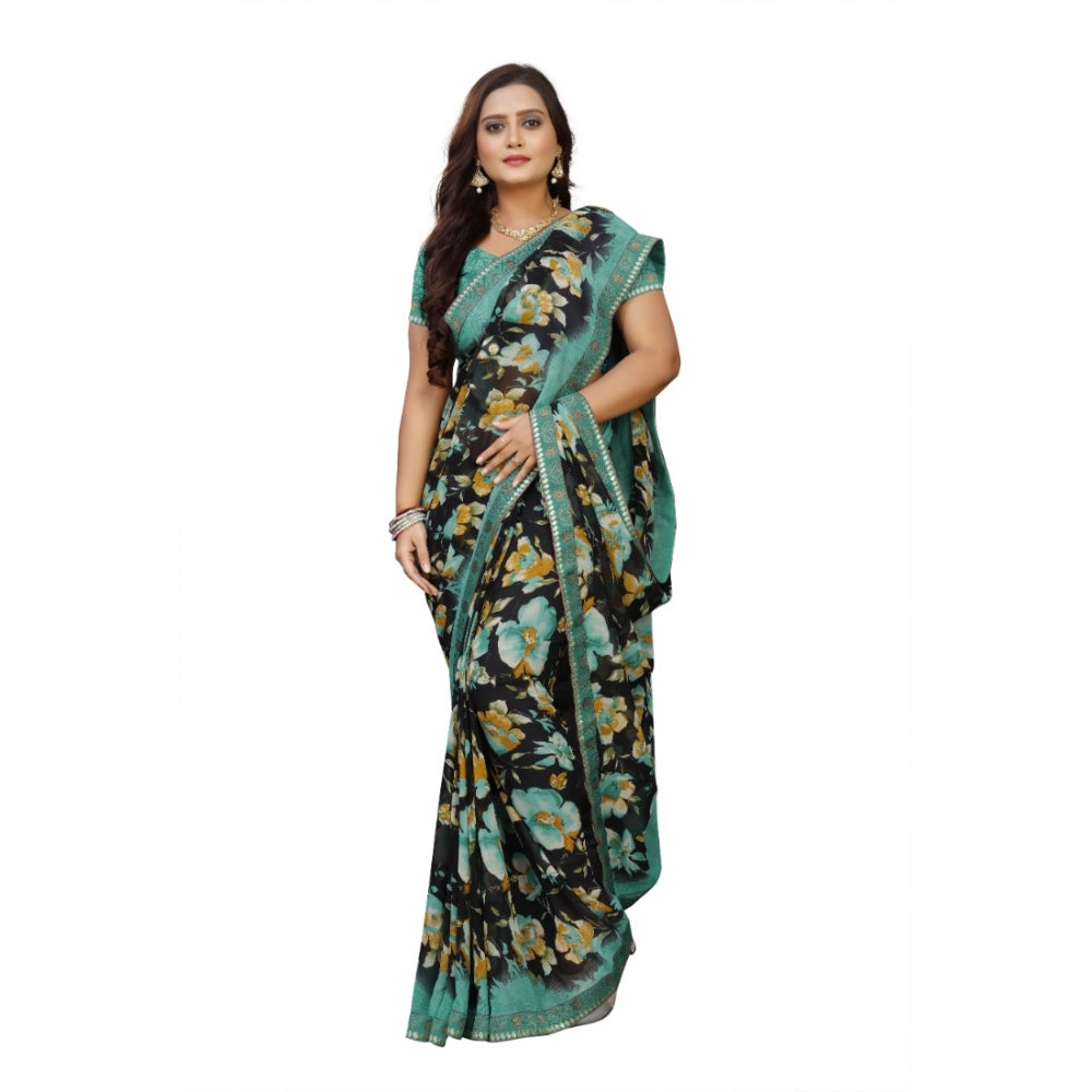 Women's Georgette Floral Print Saree With Unstitched Blouse 5.5Mtr (Blue-Black) - GillKart