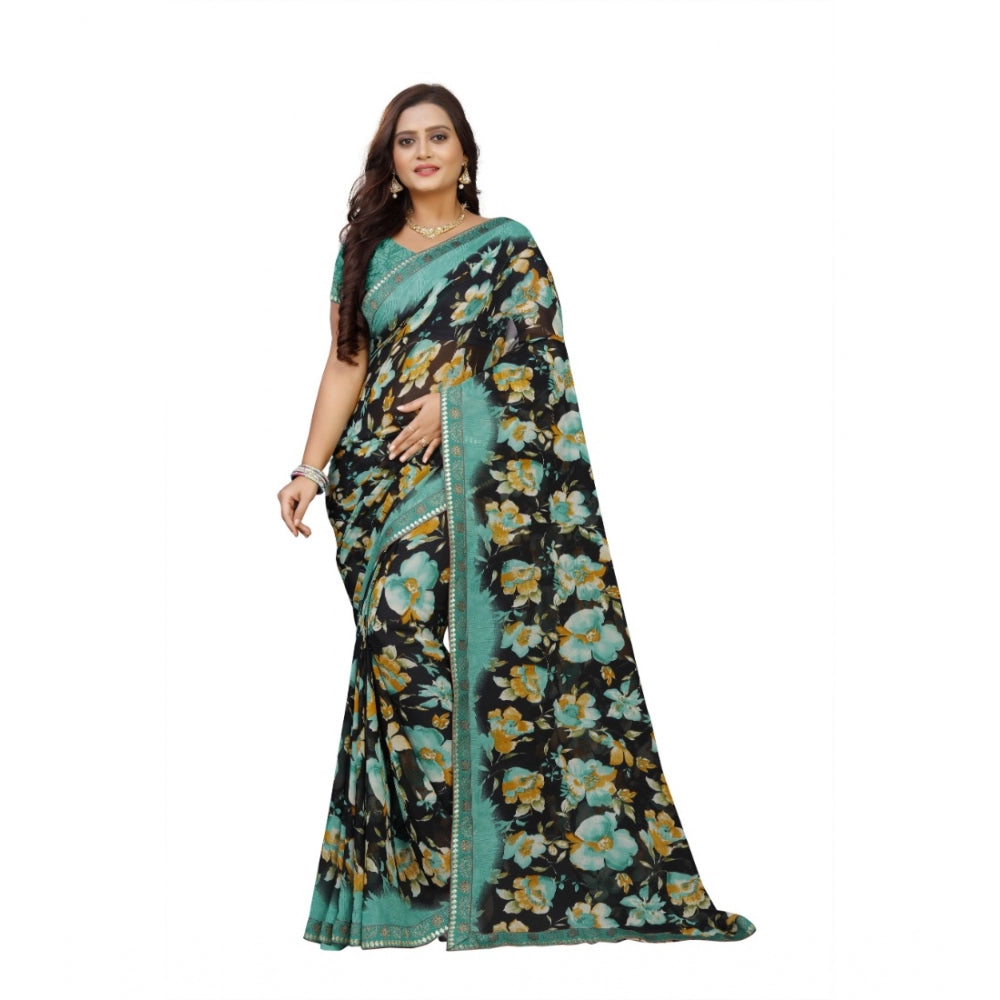 Women's Georgette Floral Print Saree With Unstitched Blouse 5.5Mtr (Blue-Black) - GillKart