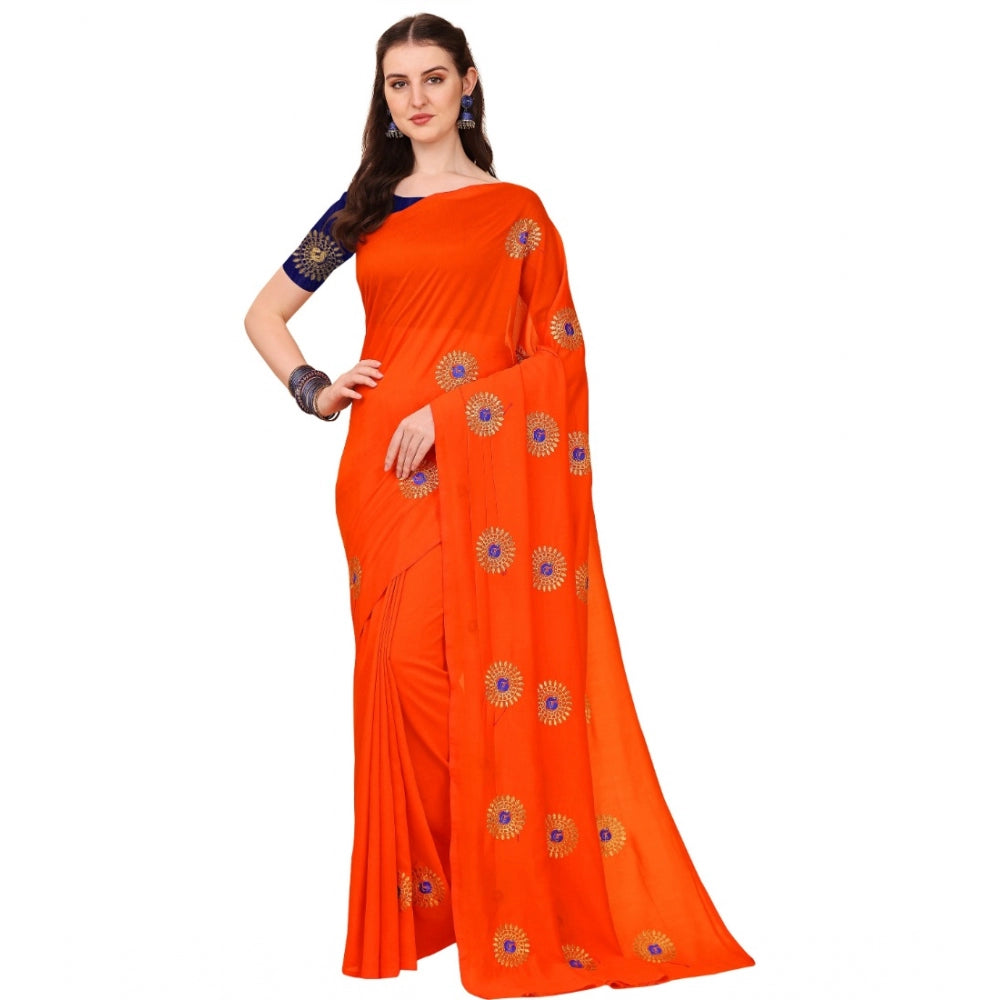 Women's Silk Blend Embroidered Saree With Unstitched Blouse 5.5Mtr (Orange) - GillKart