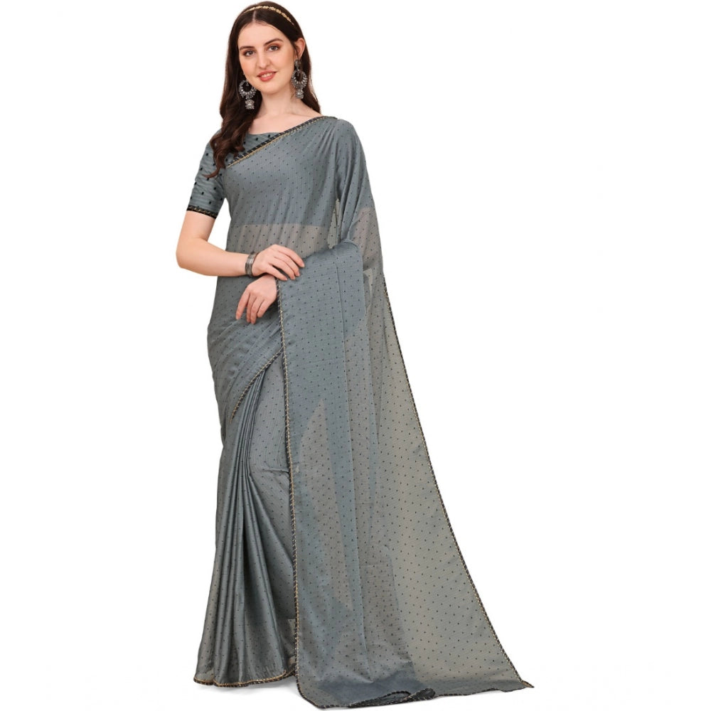 Women's Silk Blend Embellished Saree With Unstitched Blouse 5.5Mtr (Silver) - GillKart