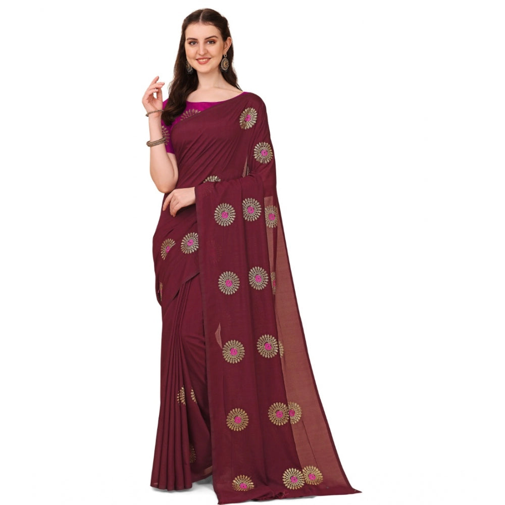 Women's Silk Blend Embroidered Saree With Unstitched Blouse 5.5Mtr (Brown) - GillKart