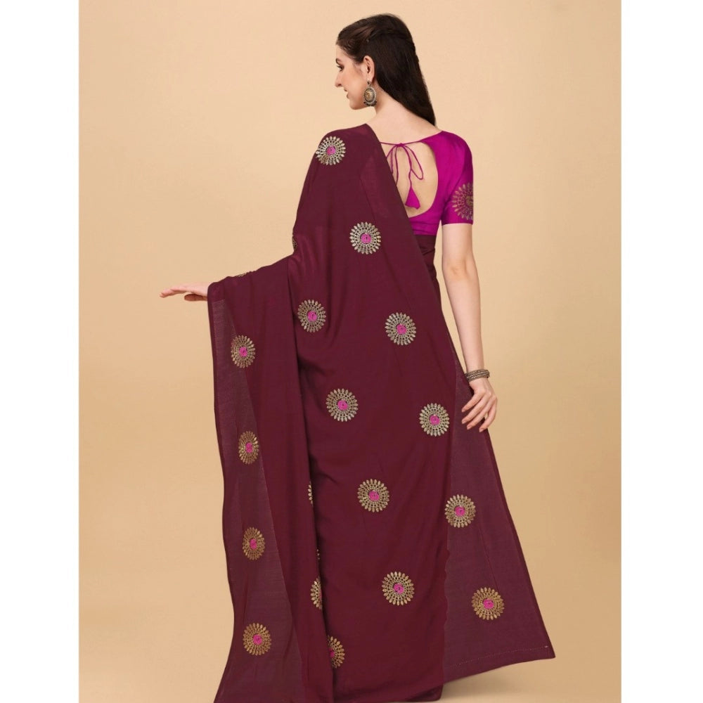 Women's Silk Blend Embroidered Saree With Unstitched Blouse 5.5Mtr (Brown) - GillKart