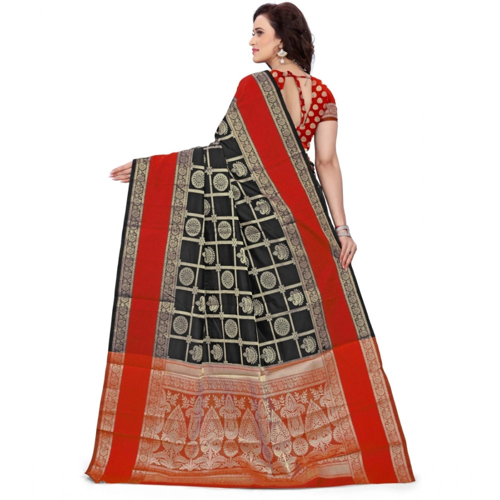 Women's Jacquard Woven Saree With Unstitched Blouse 5.5Mtr (Red-Black) - GillKart