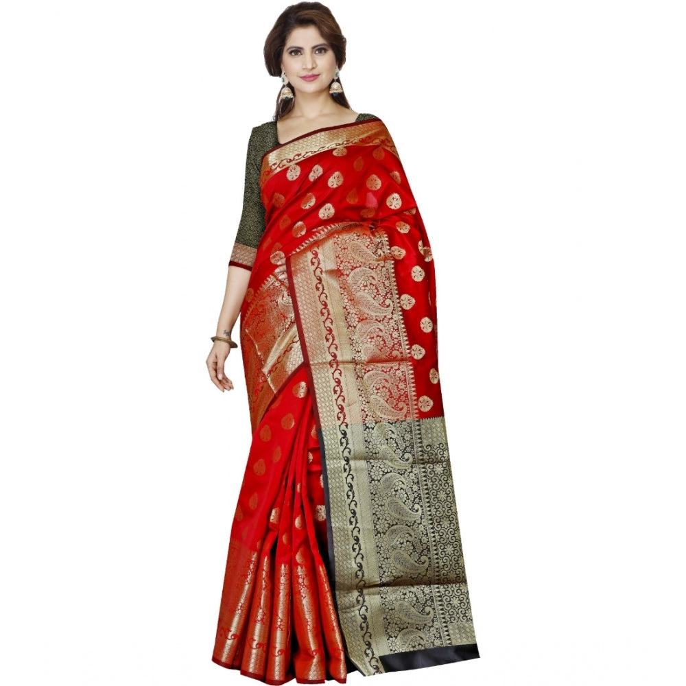 Women's Jacquard Woven Saree With Unstitched Blouse 5.5Mtr (Red) - GillKart