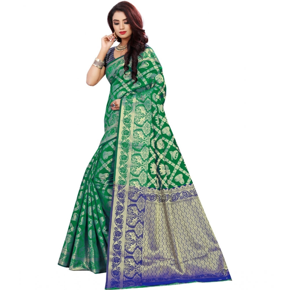 Women's Jacquard Woven Saree With Unstitched Blouse 5.5Mtr (Green) - GillKart