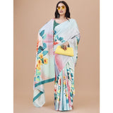 Women's Crepe Digital Print Saree With Unstitched Blouse 5.5Mtr (Light Blue) - GillKart