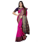 Women's Silk Blend Woven Saree With Unstitched Blouse 5.5Mtr (Blue-Pink) - GillKart