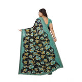 Women's Georgette Floral Print Saree With Unstitched Blouse 5.5Mtr (Blue-Black) - GillKart