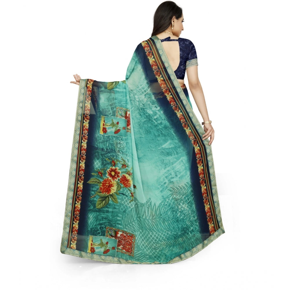 Women's Georgette Floral Print Saree With Unstitched Blouse 5.5Mtr (Light Blue) - GillKart