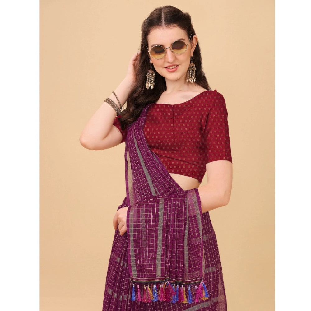 Women's Silk Blend Checkered Saree With Unstitched Blouse 5.5Mtr (Maroon) - GillKart